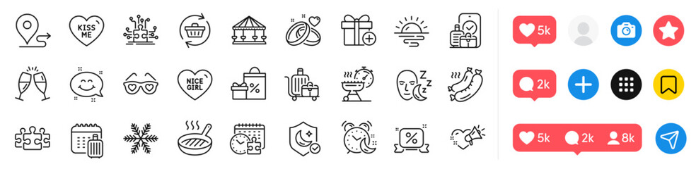 Puzzle, Journey and Add gift line icons pack. Social media icons. Love glasses, Puzzle time, Refresh cart web icon. Baggage cart, Carousels, Grilled sausage pictogram. Vector