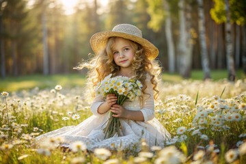 All-Russian day of family, love, fidelity. A beautiful little curly-haired girl in a straw hat with a bouquet of daisies on the background of a field of daisies. Valentine's Day of Peter and Fevronia.