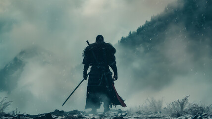 Legendary samurai with katana, back view, enveloped by fog. dark background.	
