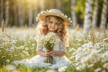 All-Russian day of family, love, fidelity. A beautiful little curly-haired girl in a straw hat with a bouquet of daisies on the background of a field of daisies. Valentine's Day of Peter and Fevronia.