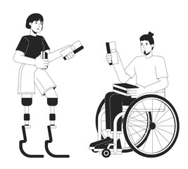 Disabled readers black and white 2D line cartoon characters. Asian woman prosthesis legs and wheelchaired caucasian man isolated vector outline people. Diversity monochromatic flat spot illustration