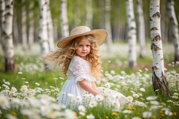 All-Russian day of family, love, fidelity. A beautiful little curly-haired girl in a straw hat with a bouquet of daisies on the background of a field of daisies. Valentine's Day of Peter and Fevronia.