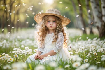 All-Russian day of family, love, fidelity. A beautiful little curly-haired girl in a straw hat with a bouquet of daisies on the background of a field of daisies. Valentine's Day of Peter and Fevronia.