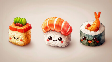 Cute Mini Cartoon Style Colorful Sushi Characters, Adorable and Playful Japanese Food Icons, Whimsical Illustrations for Fun Designs