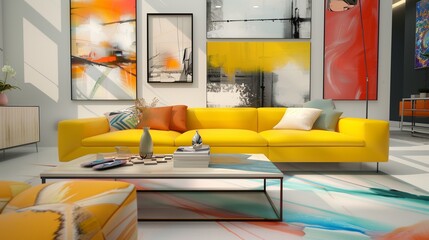 A modern living room with a bold splash of color
