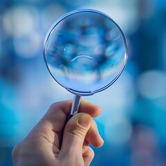A hand holding a magnifying glass in front of a blue, blurry background , deep thinking concept