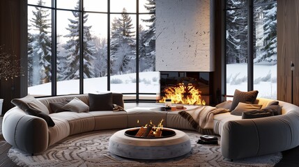 A modern living room with a cozy fireplace
