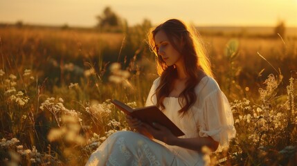 Portrait beautiful hipster woman in white dress reading book at morning sunrise in field.AI generate
