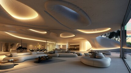 A modern living room with a dramatic sculptural ceiling