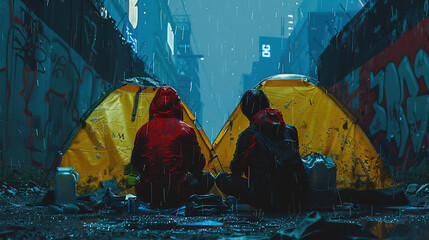 Two people sitting in tents on the street in rainy weather, with a graffiti wall background at night time, with a cyberpunk aesthetic and a red and yellow colour palette