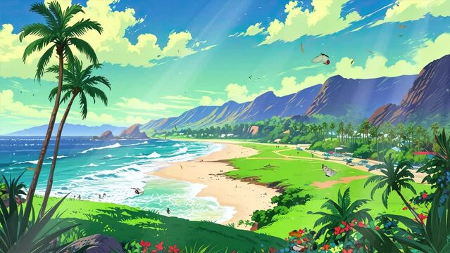 4k anime video depicting a beach with palm trees on a sunny day.