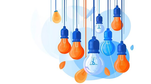A variety of light bulbs hang from the ceiling. The bulbs are of different colors and shapes.