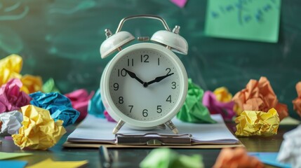 White alarm clock on clipboard around crumpled colorful papers in blue background. AI generated