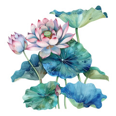 Lotus flower with watercolor lotus leaves on white background