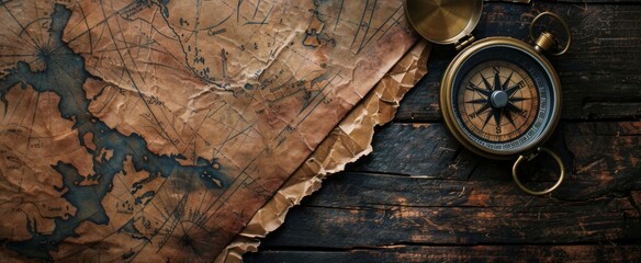 a compass and old maps on a dark wood background, representing exploration for an adventure-themed banner. Web banner with copy space on the right in the style of an old explorer map.