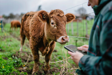 Farmer monitoring livestock with sensor technology, optimizing animal health in agriculture.
