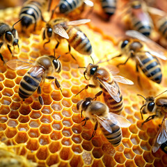 Macro photo of working bees on honeycombs. Beekeeping and honey production image