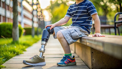 Disabled boy with prosthetic limb. High tech bionic prosthetic leg. Lifestyle of children with disabilities