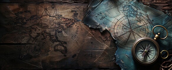 a compass and old maps on a dark wood background, representing exploration for an adventure-themed banner. Web banner with copy space on the right in the style of an old explorer map.
