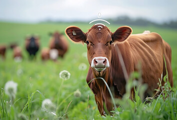 Farmer monitoring livestock with sensor technology, optimizing animal health in agriculture.