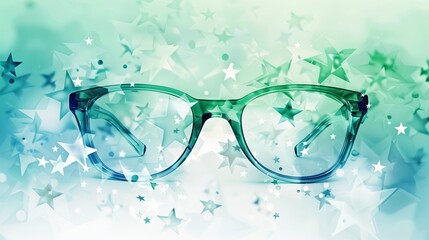 Glasses Box: A glasses box, on a white background, surrounded by shining stars in shades of blue and green 