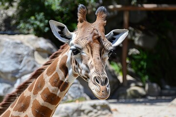 Obraz premium Close-up portrait of a giraffe with natural background