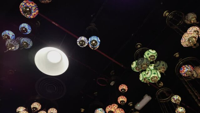 Dubai, United Arab Emirates, Middles East - December, 24, 2023 - Turkish-Moroccan-Arabic_Mosaic Glass Chandelier_Lights Hanging Ceiling Lamps