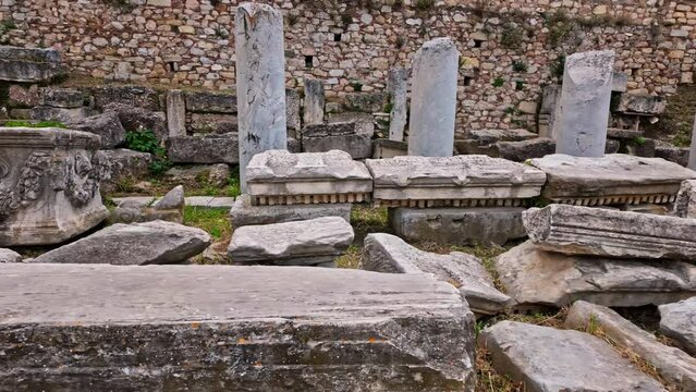 Rocks On The Remains Of Roman Forum Of Athens (Roman Agora) In Athens, Greece. Close-up Shot

