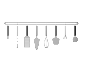 kitchen utensils hanging on white background