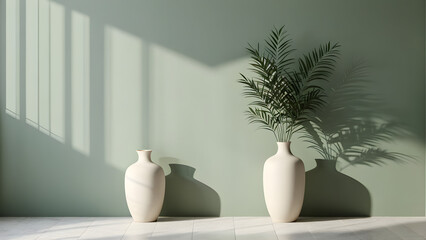 Simple background with light green wall and vase, ai generated