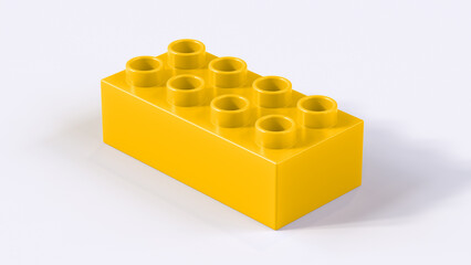 Amber Plastic Lego Block on a White Background. Children Toy Brick, Perspective View. Close Up View of a Game Block for Constructors. 3D rendering. 8K Ultra HD, 7680x4320, 300 dpi