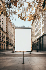 A blank empty canvas poster screen board hanging on a wall at a walkway 