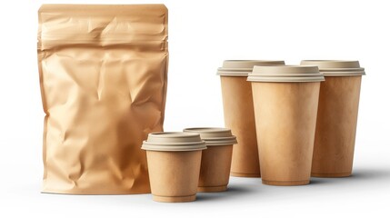 Coffee Packaging And Cups. Kraft Paper Bag And Brown Cardboard Coffee Cups With Lids.