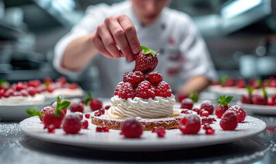Chef Decorates Dessert With Raspberries on a Plate