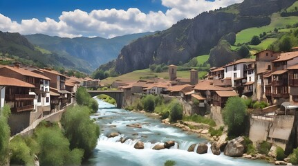 Fototapeta premium Medieval village of Potes with hanging houses and Deva river, Cantabria, Spain.