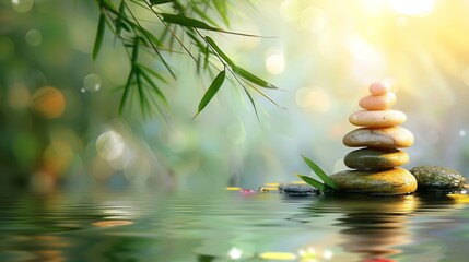 Obraz premium A Peaceful Image Of Stacked Stones In A Shallow Pond Surrounded By Soft Green Bamboo Leaves And Sunlight.