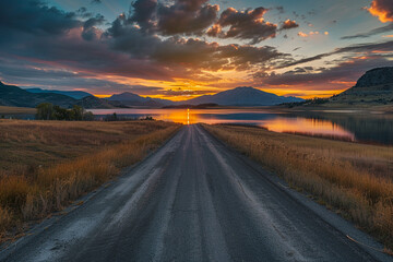 The empty road leading to the lake by sunset, adventurethemed, landscape vistas  