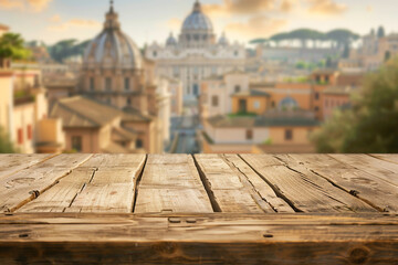 The empty wooden table top with blur background of Rome 