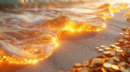 Abstract gold mine sea and sand with gold bitcoin coins shining on the beach background