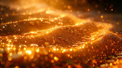 Abstract gold mine sea and sand with gold bitcoin coins shining on the beach wallpaper