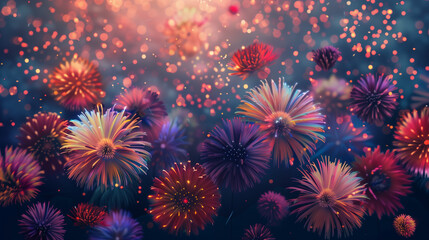 The gorgeous fireworks at night complement the beautiful flowers wallpaper