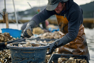 Harvesting fresh oysters in aquaculture farm, sustainable seafood practices.