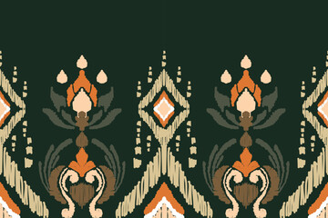 Embroidered Ikat flower pattern on a black background. Traditional ethnic ikat, Aztec abstract vector pattern, seamless pattern in tribal, folk embroidery and Mexican style.