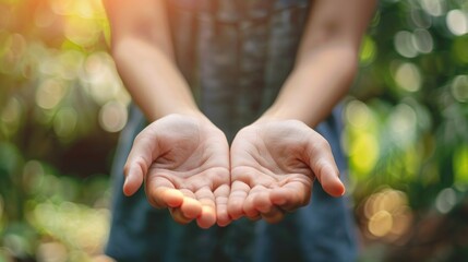 Close up empty woman palm up hands for support environment day on nature background. AI generated