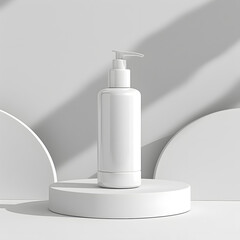 White cosmetic bottle of hair shampoo or lotion with dispenser mock up, isolated on light background