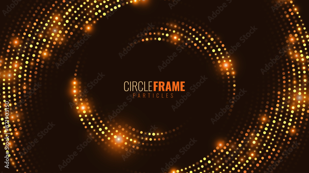 Poster abstract golden glittering halftone circles. festive disco party flyer round frame for graphic desig