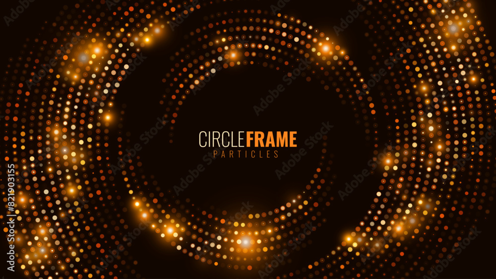 Poster abstract golden glittering halftone circles. festive disco party flyer round frame for graphic desig
