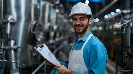 Portrait Of Smiling Worker In Hard Hat And Apron Holding Clipboard In Factory