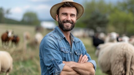Fototapeta premium A Happy Farmer Is Standing In A Lush Green Field With His Herd Of Sheep Grazing Peacefully In The Background.