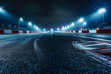 The finish line of an asphalt race track with serpentine roads and illuminated floodlights 